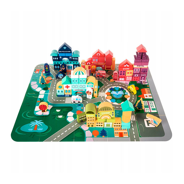 BlockCity, un set de blocuri în diferite forme cu o cutie practică și un covoraș de joacă