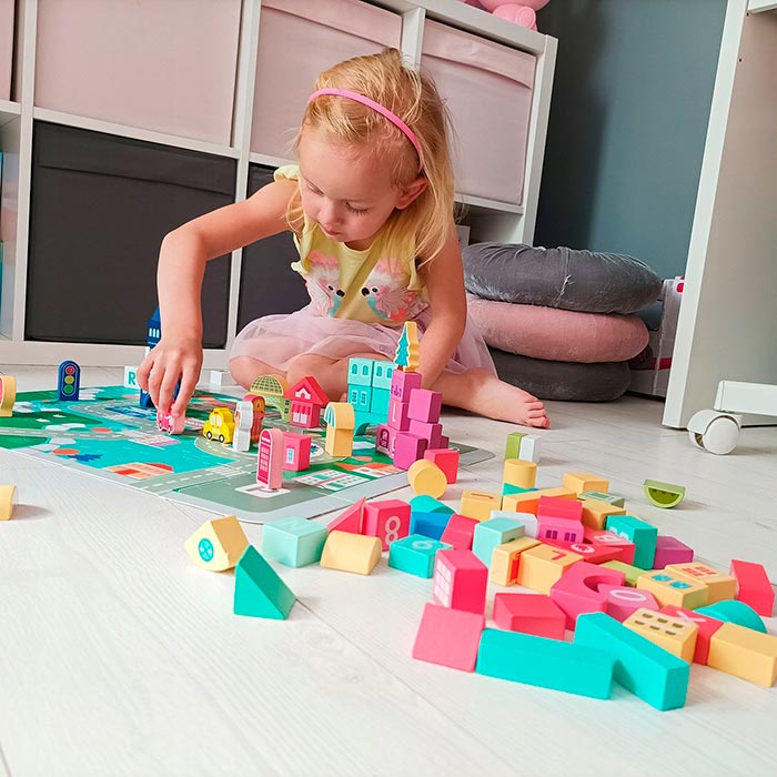 BlockCity, un set de blocuri în diferite forme cu o cutie practică și un covoraș de joacă - Image 7