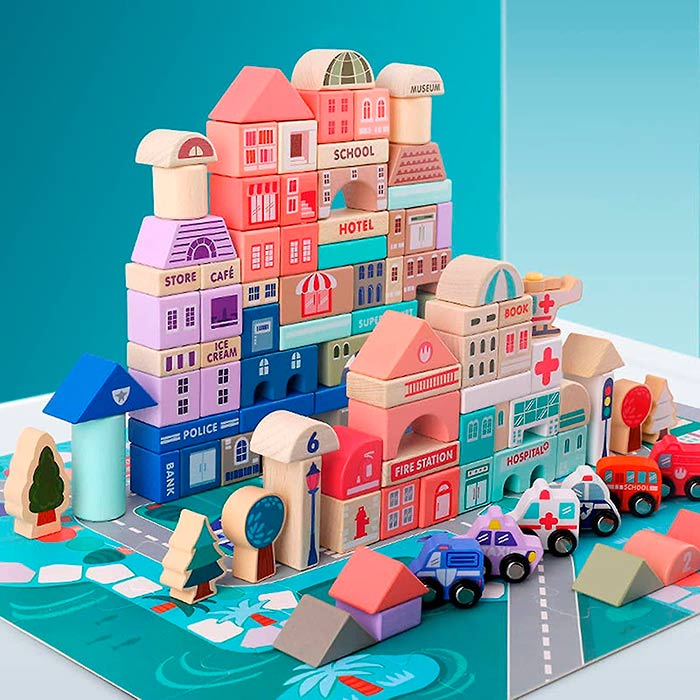 Setul include de asemenea un covoraș puzzle pe care copiii pot construi un oraș