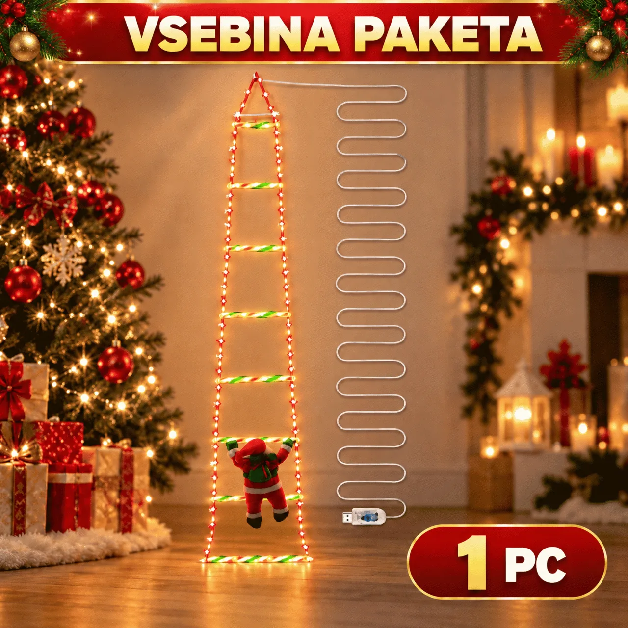 Scară de Crăciun cu LED-uri și Moș Crăciun, scară - Image 2